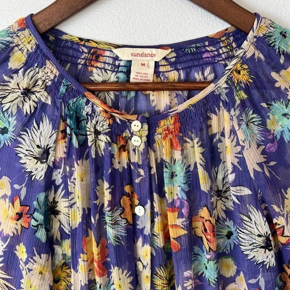 Sundance Blouse M Purple 100% Silk Floral Sheer Peasant Top Boho Cottagecore - Picture 4 of 10